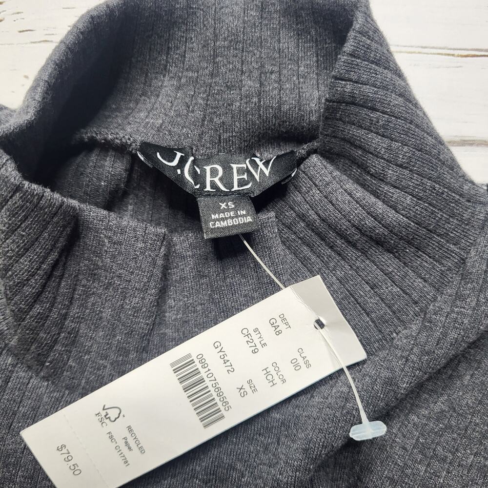 J. Crew Premium Rib Whipstitch Turtleneck Long Sleeve Top Gray White Stretch XS - Picture 6 of 7
